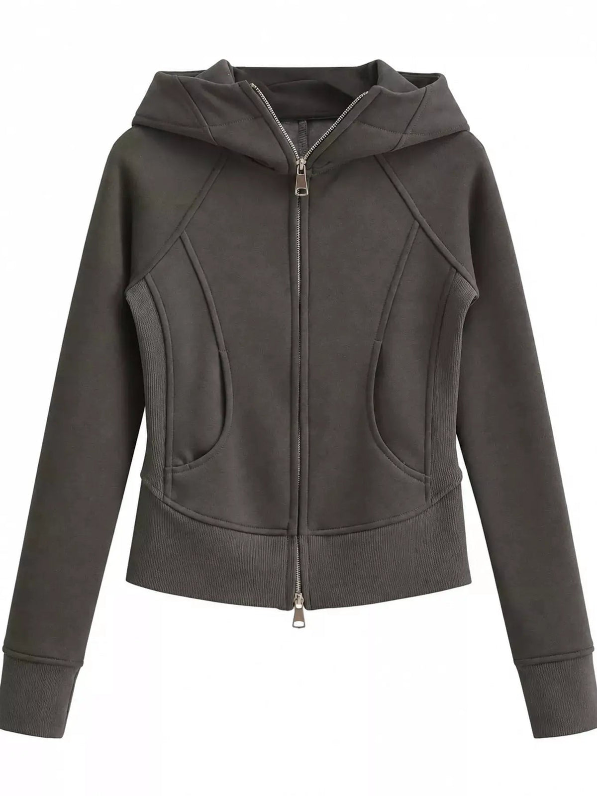Cream Full Zip Pocketed Ribbed Seam Detail Hoodie - Bitsy Gypsy Boutique