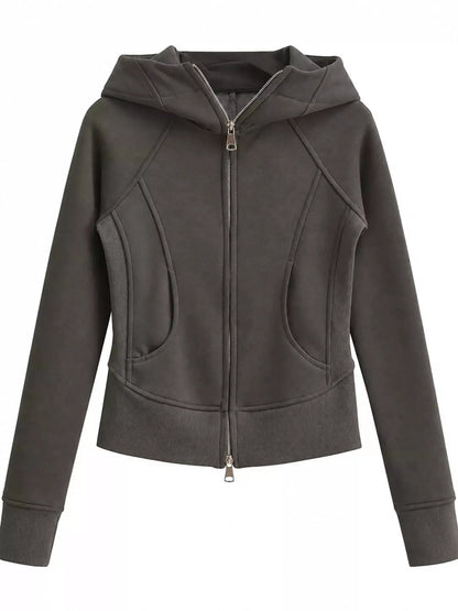 Cream Full Zip Pocketed Ribbed Seam Detail Hoodie - Bitsy Gypsy Boutique