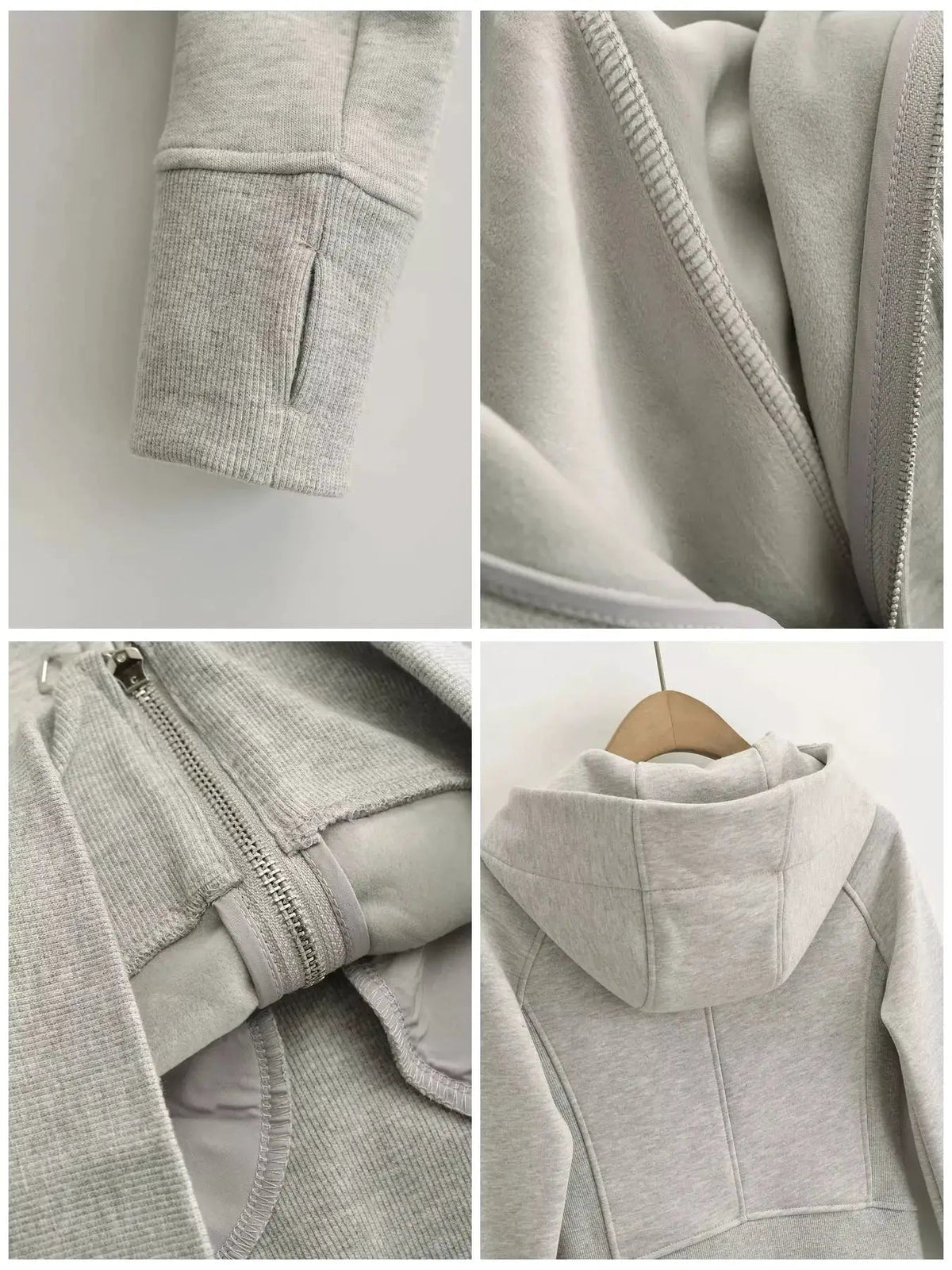Cream Full Zip Pocketed Ribbed Seam Detail Hoodie - Bitsy Gypsy Boutique