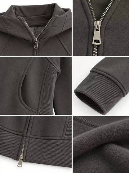 Cream Full Zip Pocketed Ribbed Seam Detail Hoodie - Bitsy Gypsy Boutique