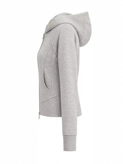 Cream Full Zip Pocketed Ribbed Seam Detail Hoodie - Bitsy Gypsy Boutique