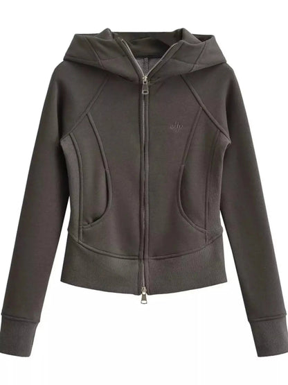 Cream Full Zip Pocketed Ribbed Seam Detail Hoodie - Bitsy Gypsy Boutique