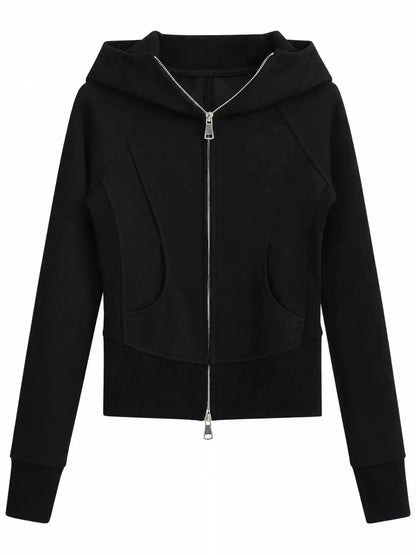 Cream Full Zip Pocketed Ribbed Seam Detail Hoodie - Bitsy Gypsy Boutique