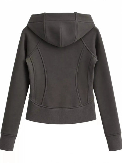Cream Full Zip Pocketed Ribbed Seam Detail Hoodie - Bitsy Gypsy Boutique