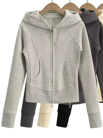 Cream Full Zip Pocketed Ribbed Seam Detail Hoodie - Bitsy Gypsy Boutique