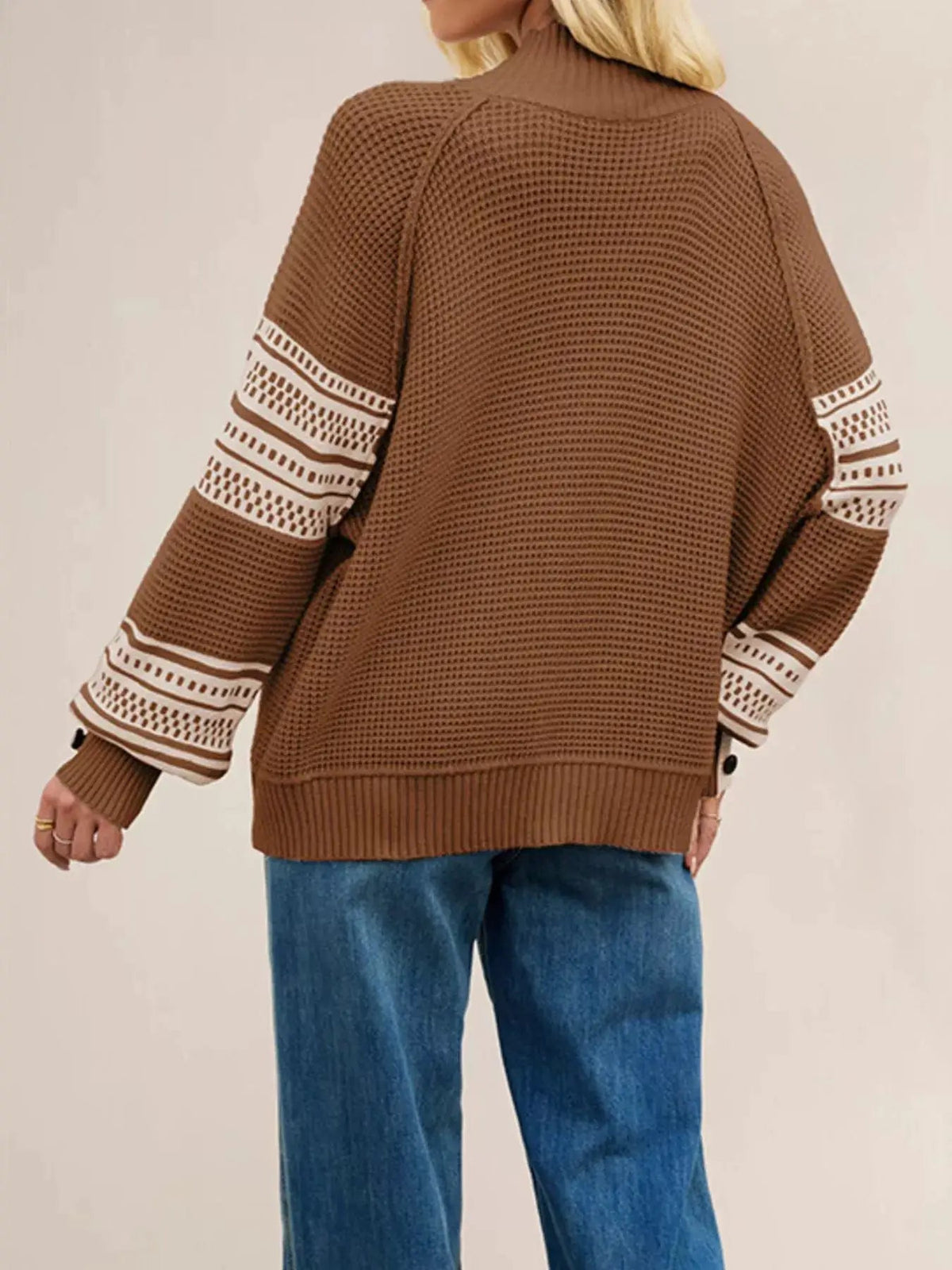 Cream Navy Color Block Mock Neck Waffle Knit Sweater - Bitsy Gypsy Boutique