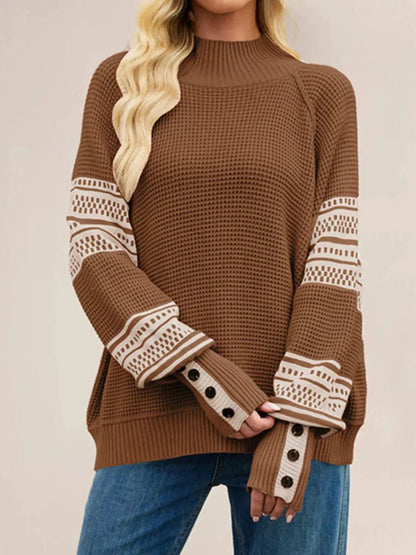 Cream Navy Color Block Mock Neck Waffle Knit Sweater - Bitsy Gypsy Boutique