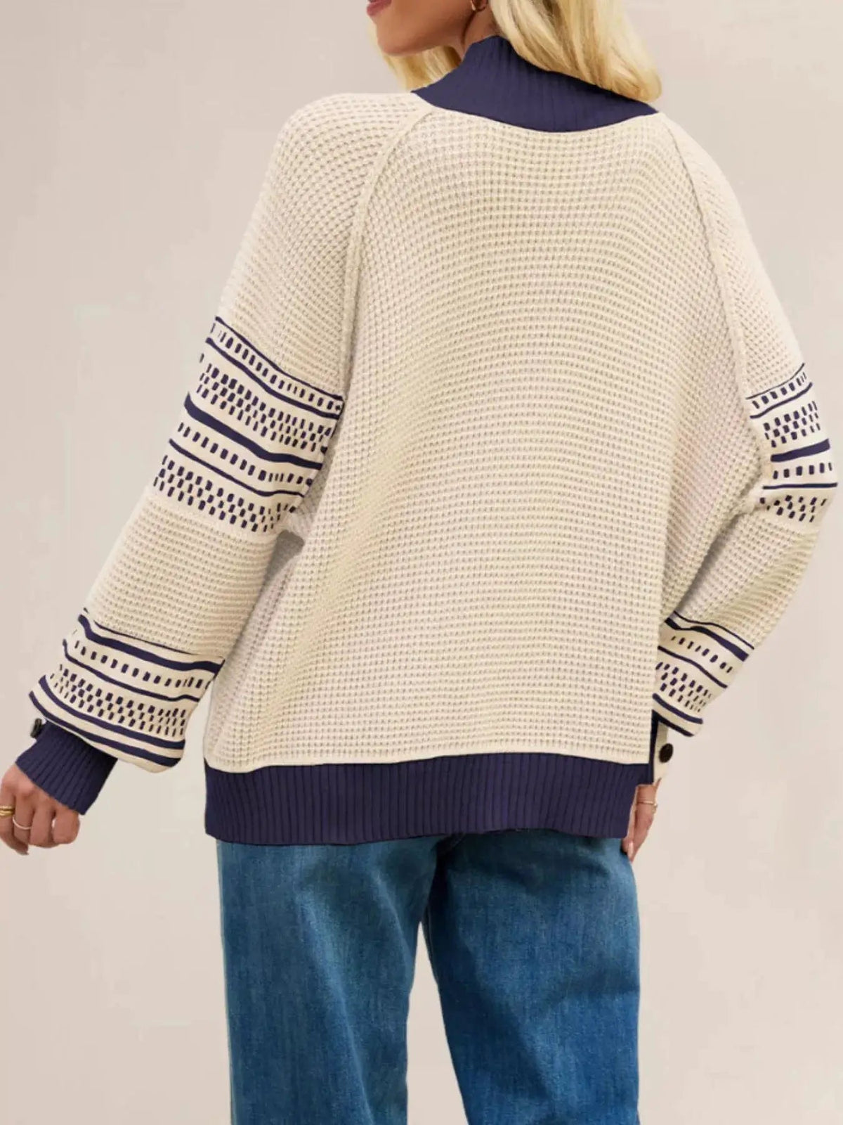 Cream Navy Color Block Mock Neck Waffle Knit Sweater - Bitsy Gypsy Boutique
