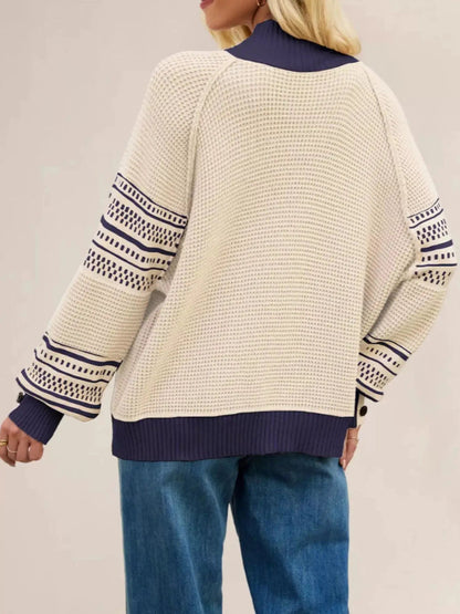 Cream Navy Color Block Mock Neck Waffle Knit Sweater - Bitsy Gypsy Boutique