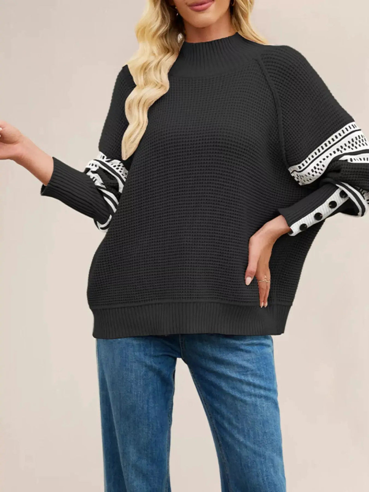 Cream Navy Color Block Mock Neck Waffle Knit Sweater - Bitsy Gypsy Boutique
