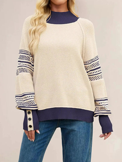 Cream Navy Color Block Mock Neck Waffle Knit Sweater - Bitsy Gypsy Boutique