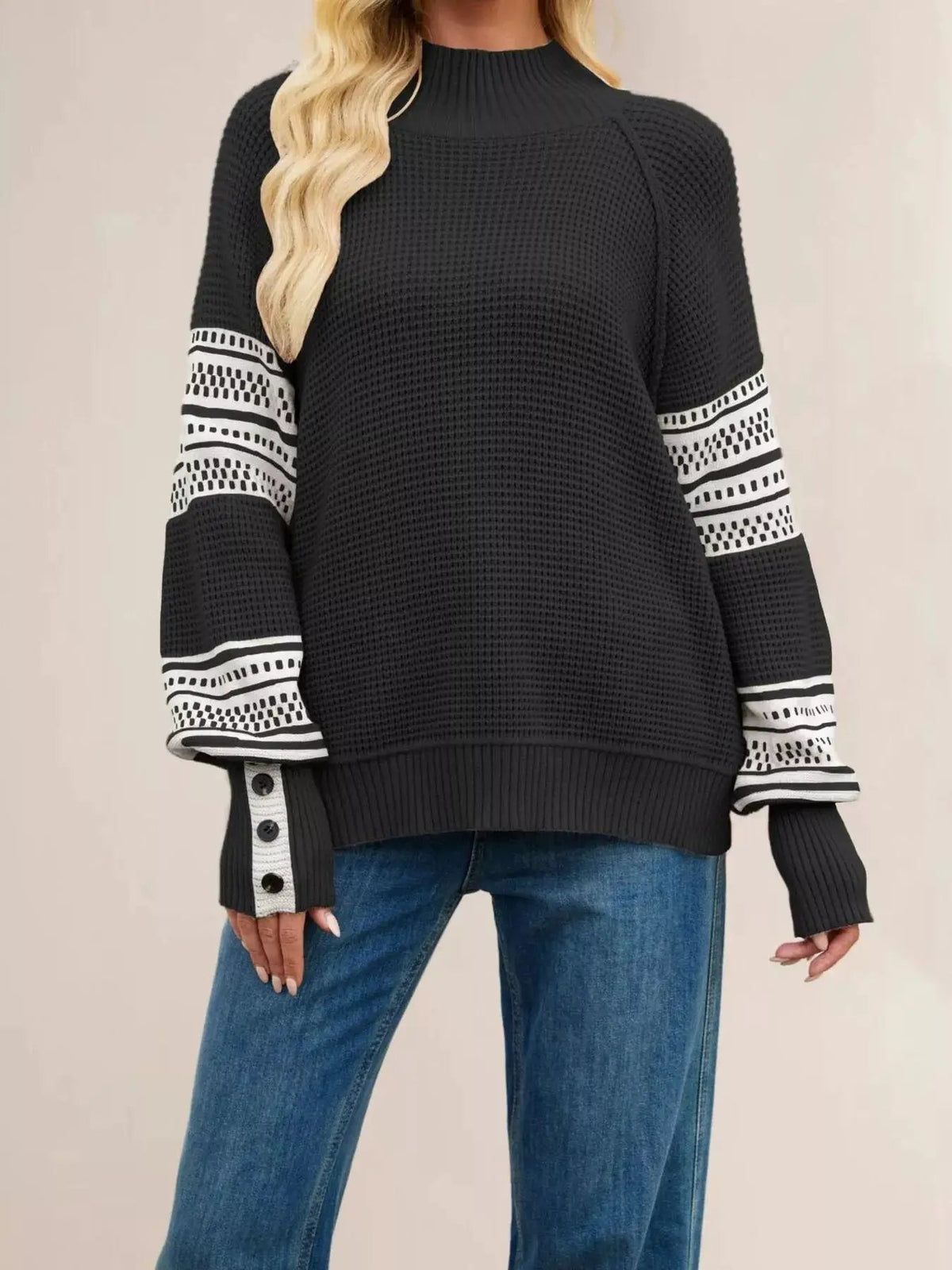 Cream Navy Color Block Mock Neck Waffle Knit Sweater - Bitsy Gypsy Boutique