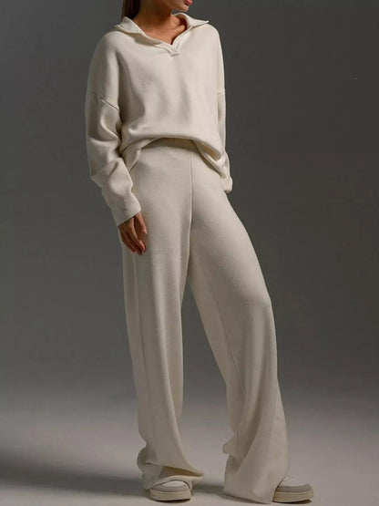Cream Polo Collar Wide Leg Two Piece Set - Bitsy Gypsy Boutique