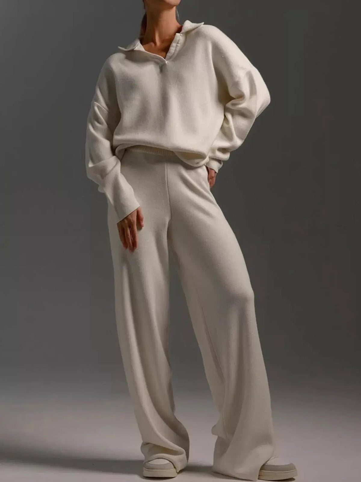 Cream Polo Collar Wide Leg Two Piece Set - Bitsy Gypsy Boutique
