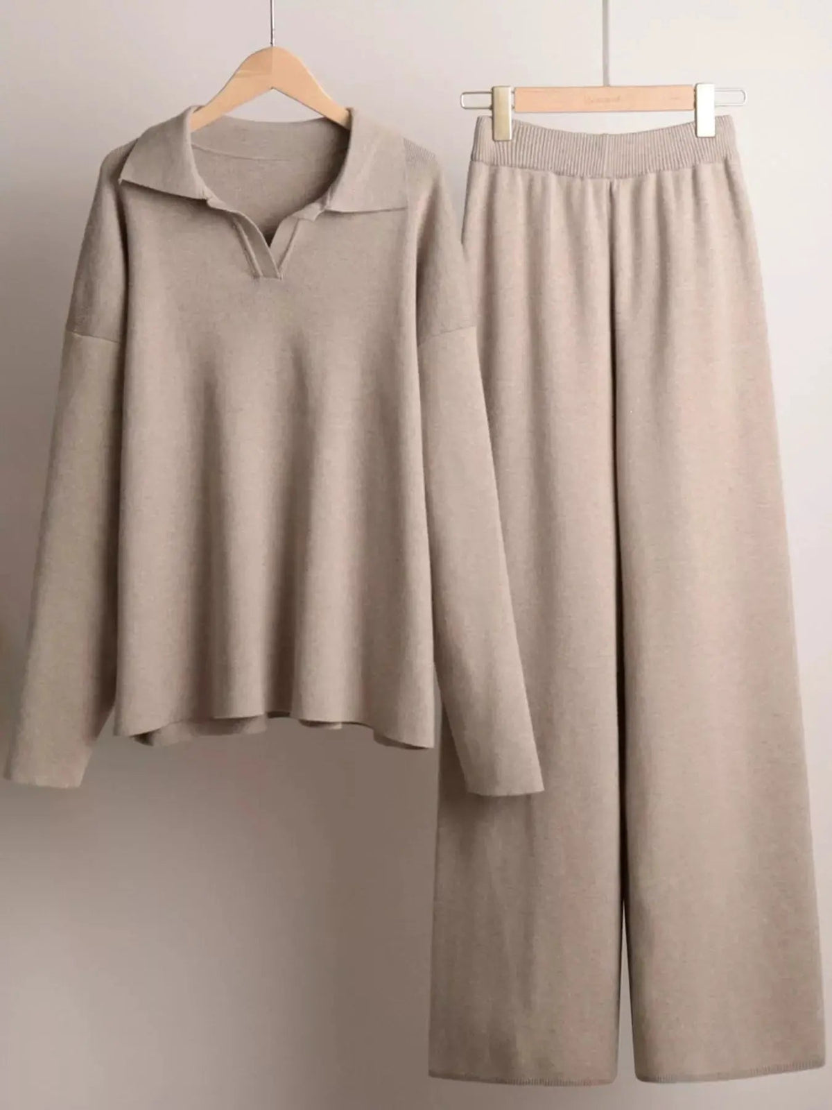 Cream Polo Collar Wide Leg Two Piece Set - Bitsy Gypsy Boutique