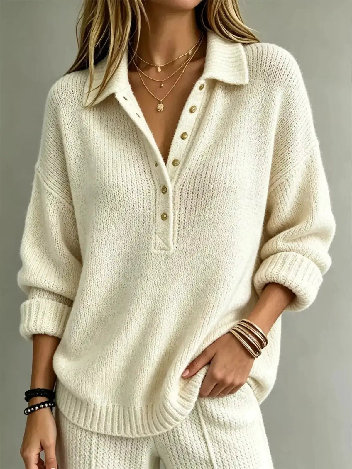 Cream Ribbed Button Detail Dropped Shoulder Sweater - Bitsy Gypsy Boutique