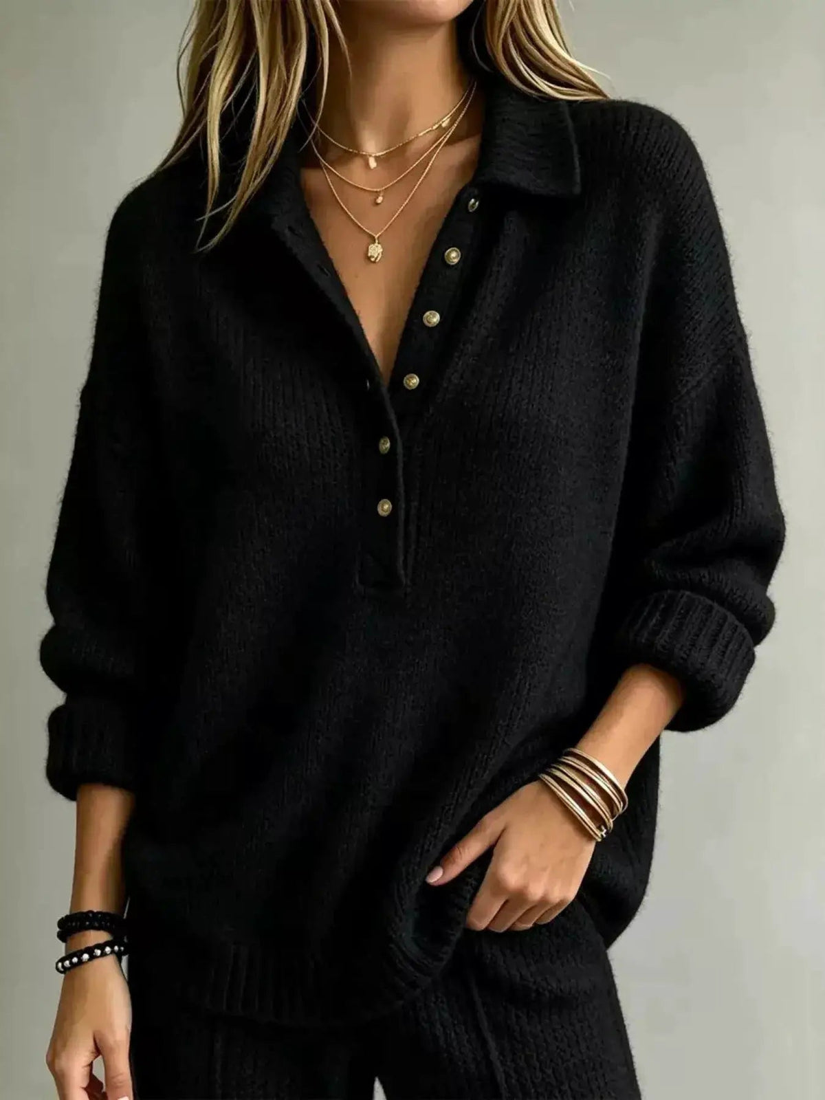 Cream Ribbed Button Detail Dropped Shoulder Sweater - Bitsy Gypsy Boutique