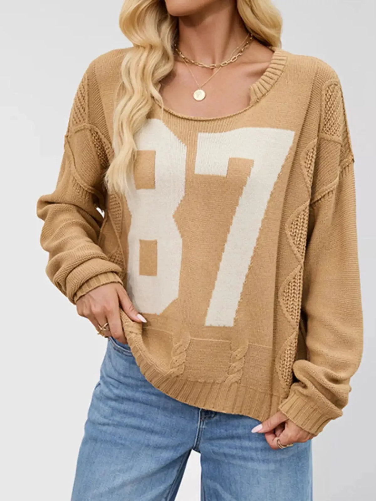 Cream Ribbed Cable Knit Number Long Sleeve Sweater - Bitsy Gypsy Boutique