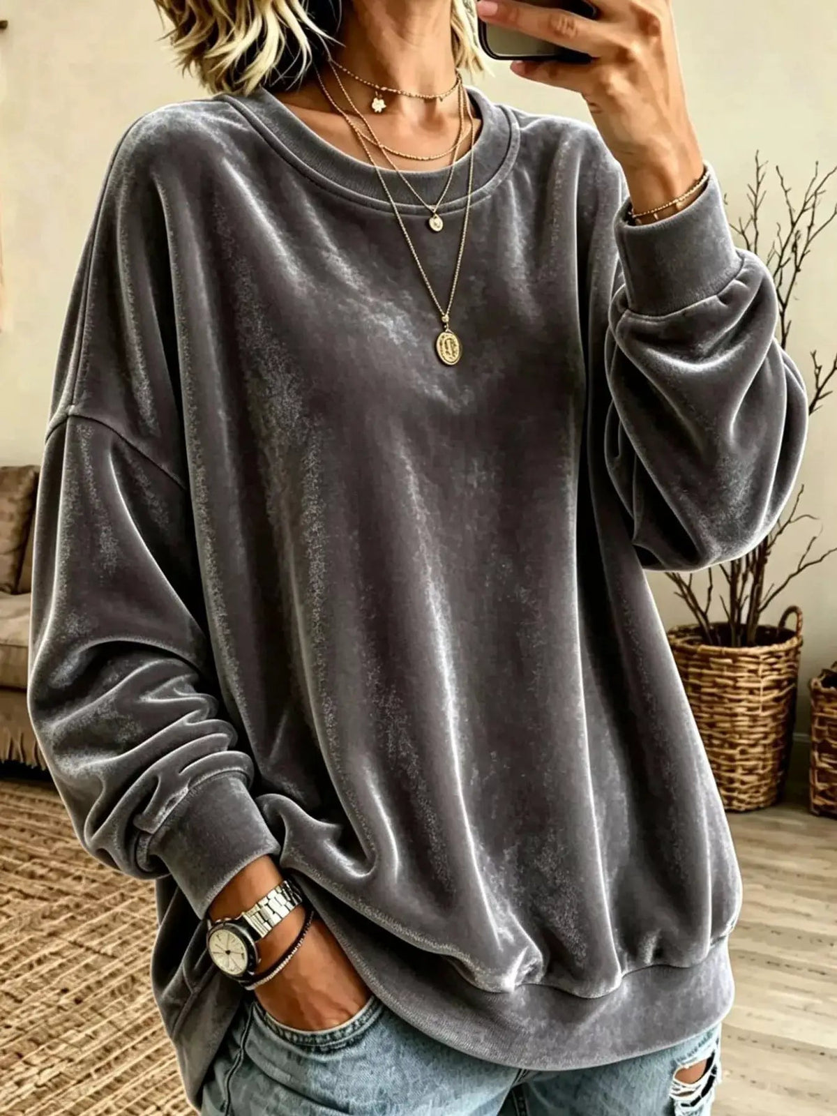 Crew Neck Drop Shoulder Oversized Plus Size Sweatshirt - Bitsy Gypsy Boutique