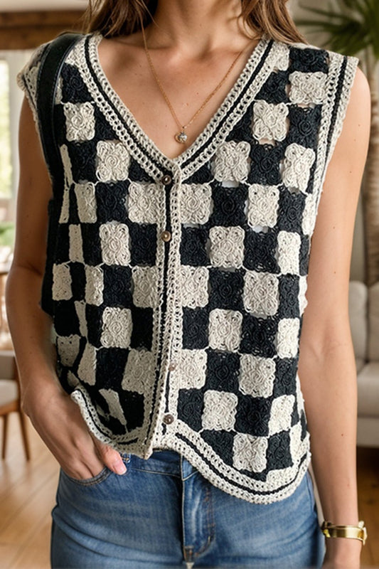 Crochet Checkered V - Neck Button Up Vest - Bitsy Gypsy Boutique