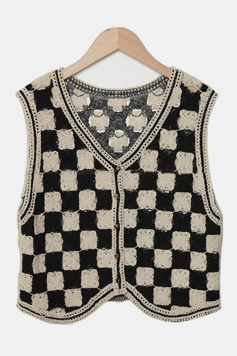 Crochet Checkered V - Neck Button Up Vest - Bitsy Gypsy Boutique