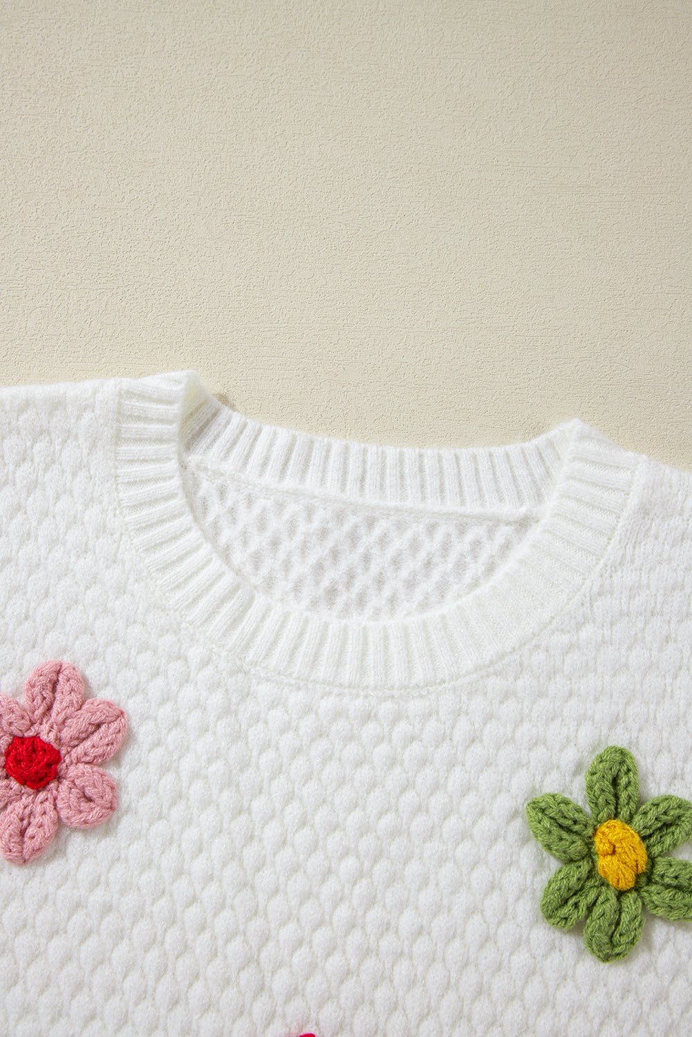 Crochet Flower Round Neck Long Sleeve Sweater - Bitsy Gypsy Boutique