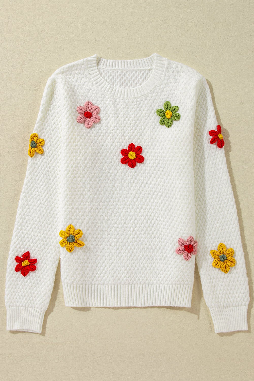 Crochet Flower Round Neck Long Sleeve Sweater - Bitsy Gypsy Boutique