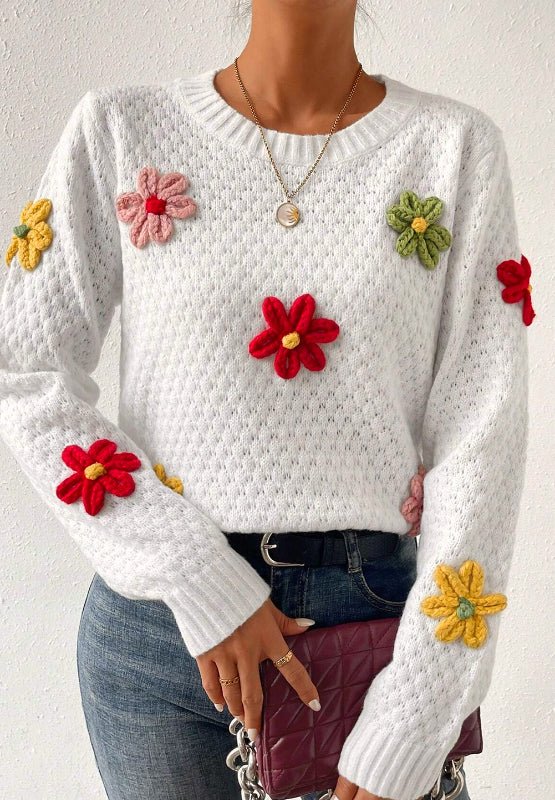 Crochet Flower Round Neck Long Sleeve Sweater - Bitsy Gypsy Boutique