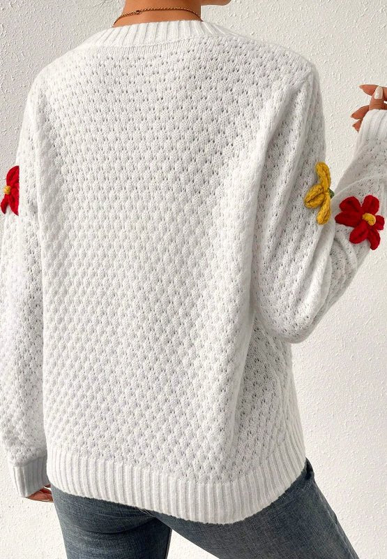 Crochet Flower Round Neck Long Sleeve Sweater - Bitsy Gypsy Boutique