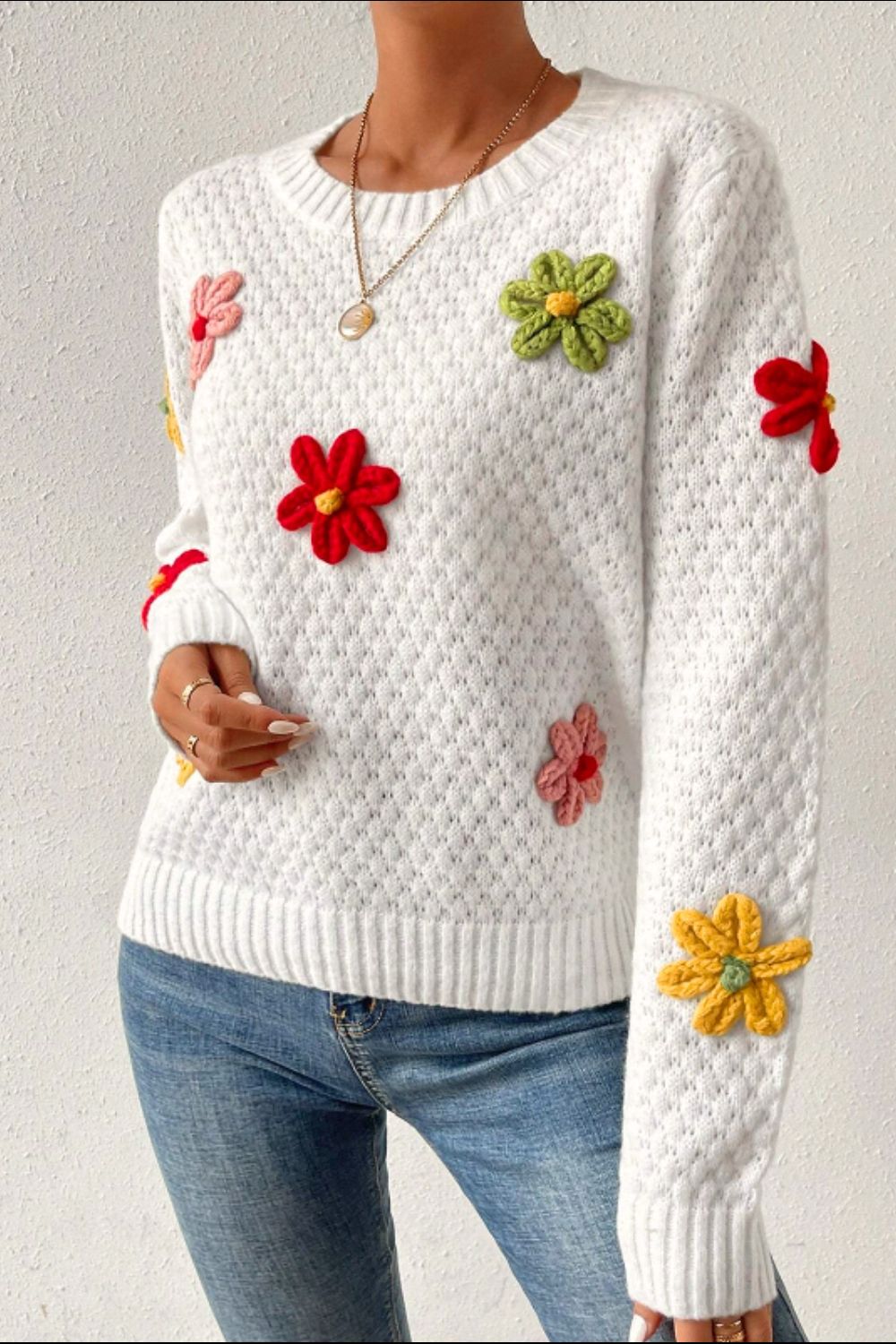 Crochet Flower Round Neck Long Sleeve Sweater - Bitsy Gypsy Boutique