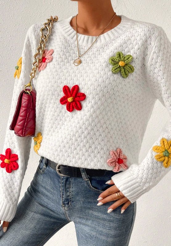 Crochet Flower Round Neck Long Sleeve Sweater - Bitsy Gypsy Boutique