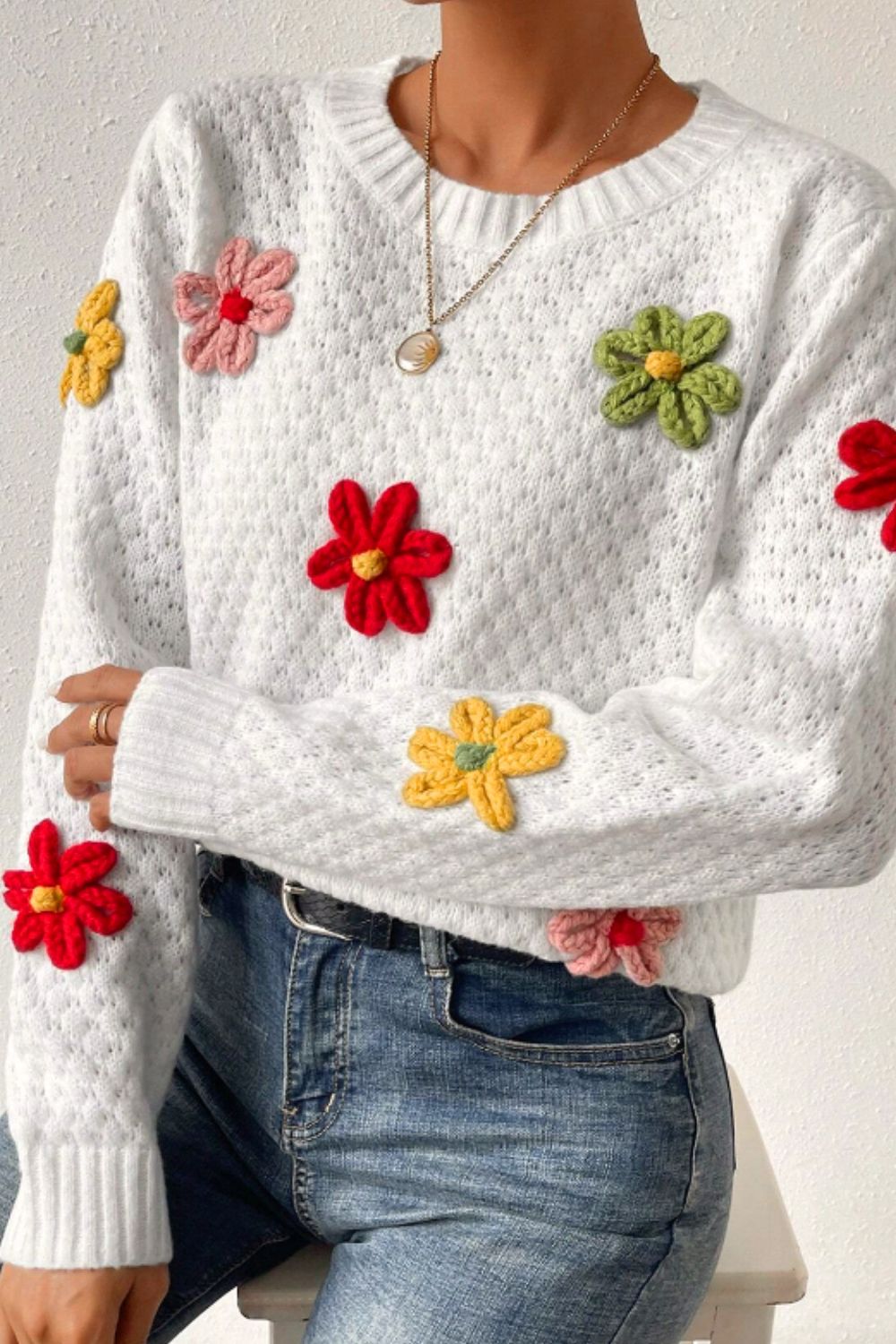 Crochet Flower Round Neck Long Sleeve Sweater - Bitsy Gypsy Boutique