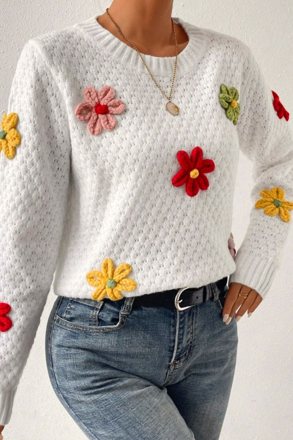 Crochet Flower Round Neck Long Sleeve Sweater - Bitsy Gypsy Boutique