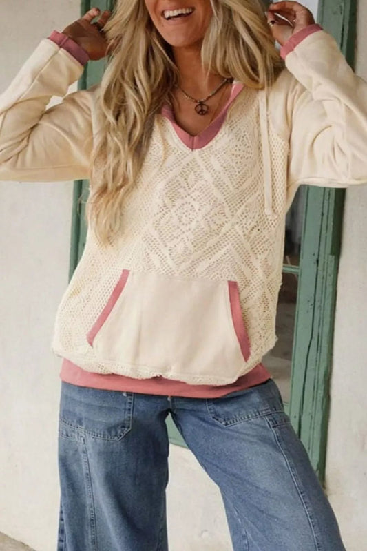 Crochet Knit Contrast Trim Hoodie - Bitsy Gypsy Boutique