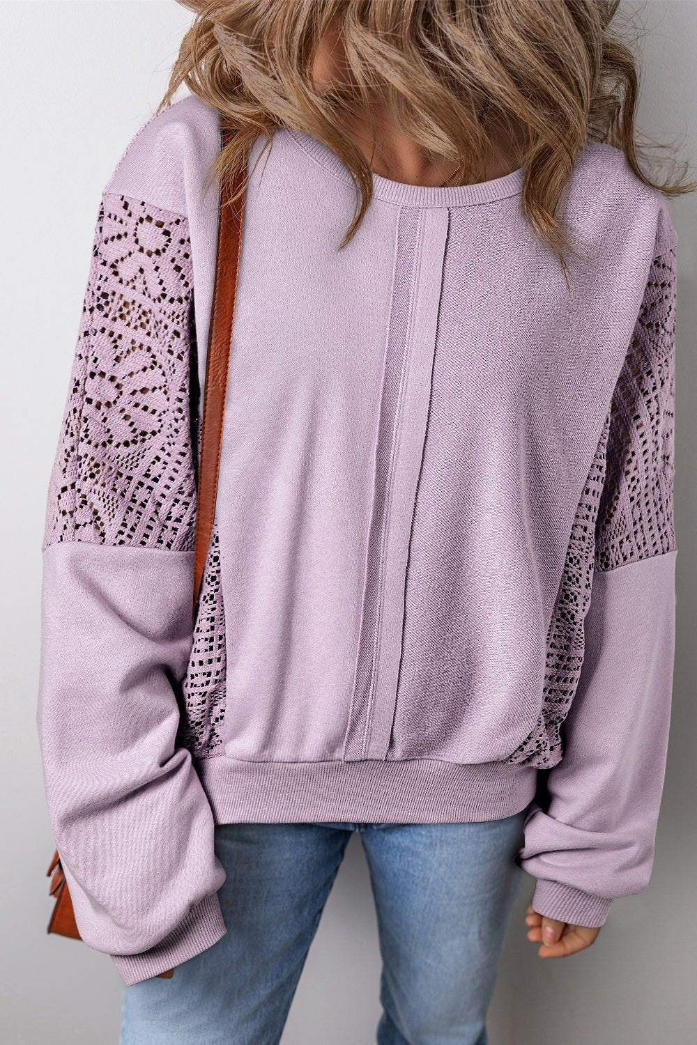 Crochet Round Neck Long Sleeve Sweatshirt - Bitsy Gypsy Boutique