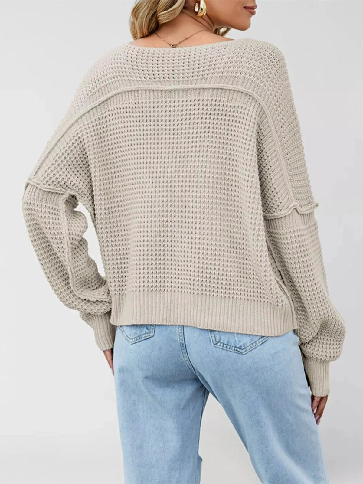 Cropped Grey Waffle Knit Dropped Shoulder Sweater - Bitsy Gypsy Boutique