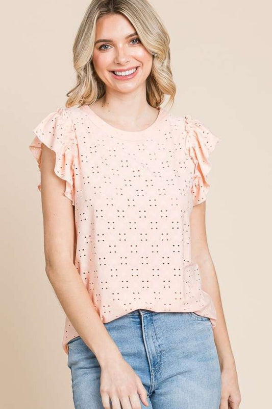 Culture Code Eyelet Round Neck Ruffled Cap Sleeve Top - Bitsy Gypsy Boutique