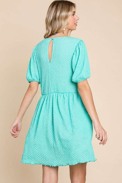 Culture Code Full Size Textured Round Neck Puff Sleeve Dress - Bitsy Gypsy Boutique