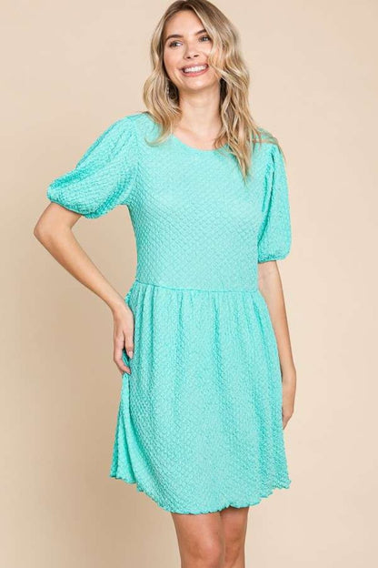 Culture Code Full Size Textured Round Neck Puff Sleeve Dress - Bitsy Gypsy Boutique