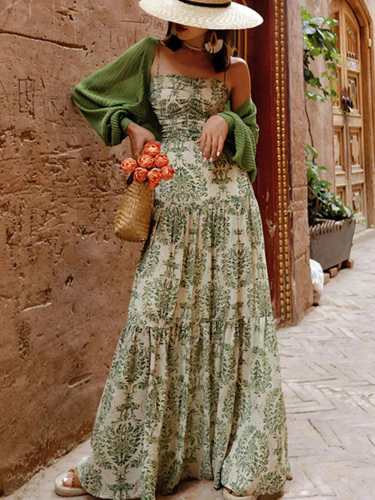 Cutout Back Printed Spaghetti Strap Tiered Maxi Dress - Bitsy Gypsy Boutique