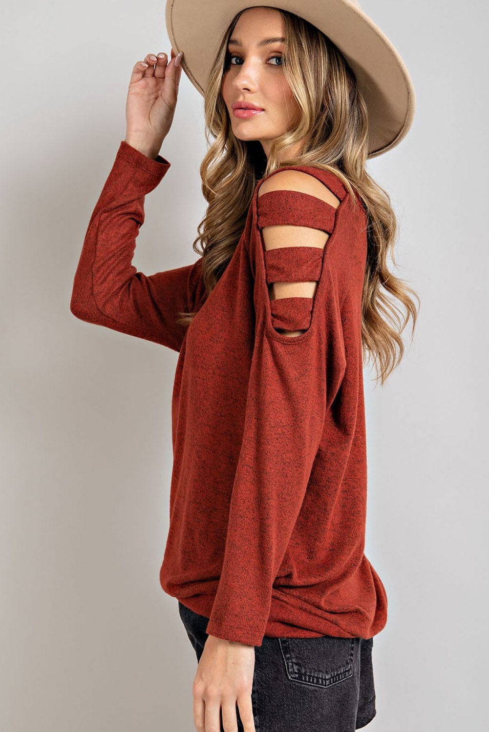 Cutout Round Neck Long Sleeve Top - Bitsy Gypsy Boutique