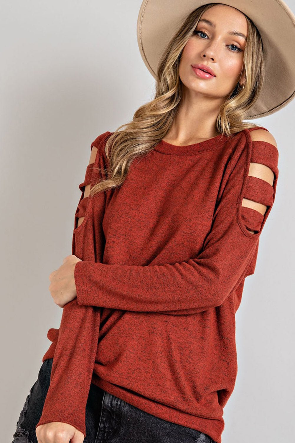 Cutout Round Neck Long Sleeve Top - Bitsy Gypsy Boutique