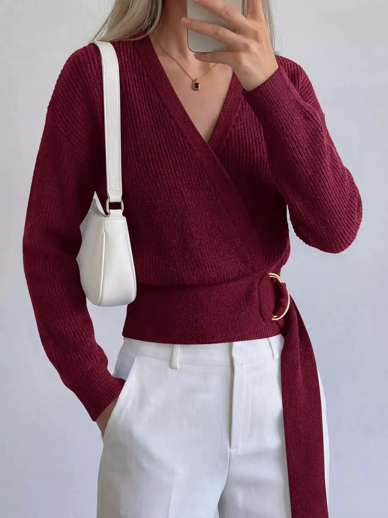 Metal Ring Detail Dropped Shoulder Sweater by Trendsi