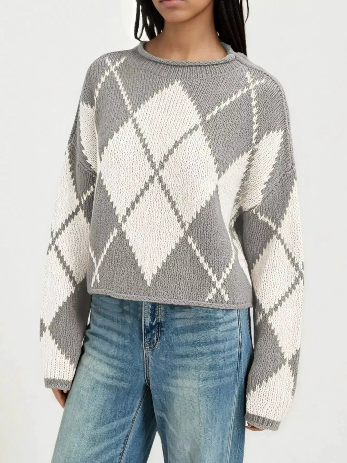 Argyle Pattern Knit Dropped Shoulder Sweater by Trendsi