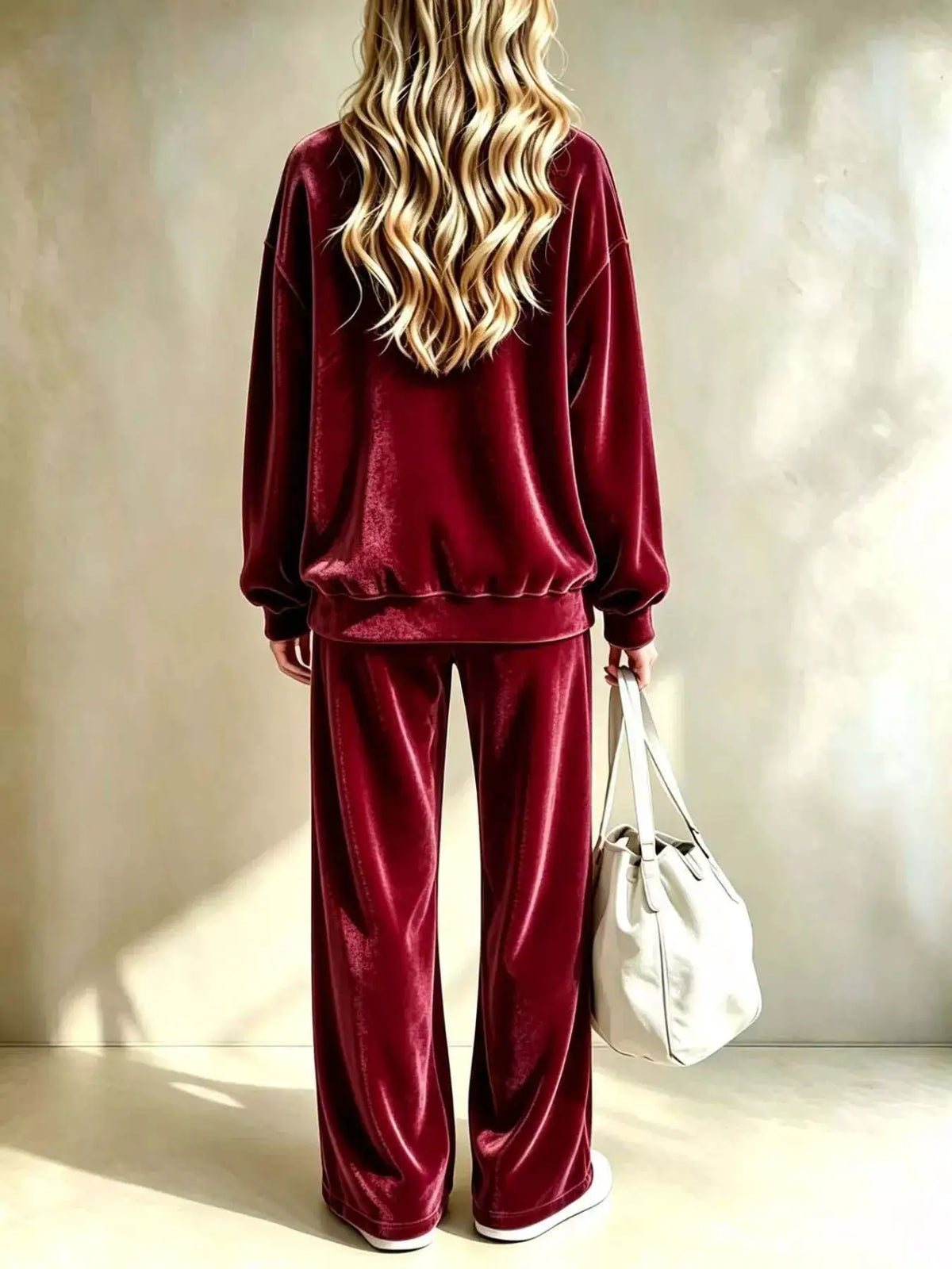 Full Size Velvet Dropped Shoulder Top and Wide-Leg Pants Set Plus Size by Trendsi
