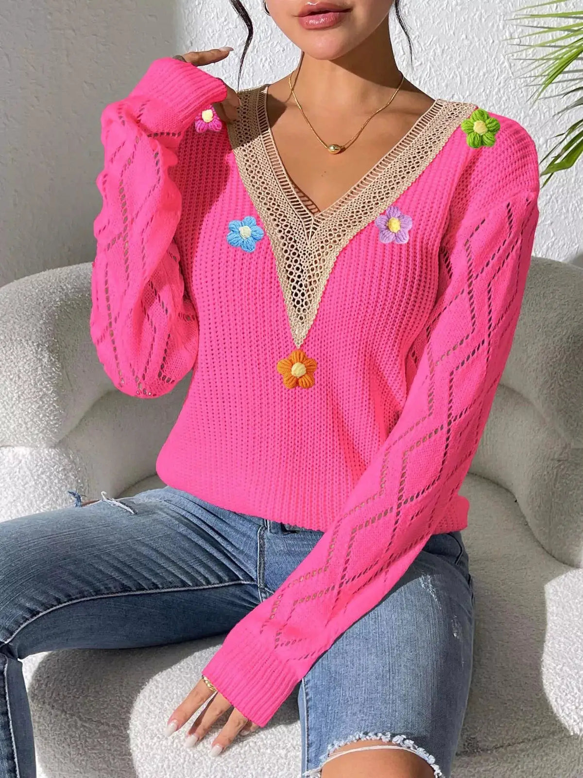 Floral Applique V-Neck Openwork Sweater by Trendsi