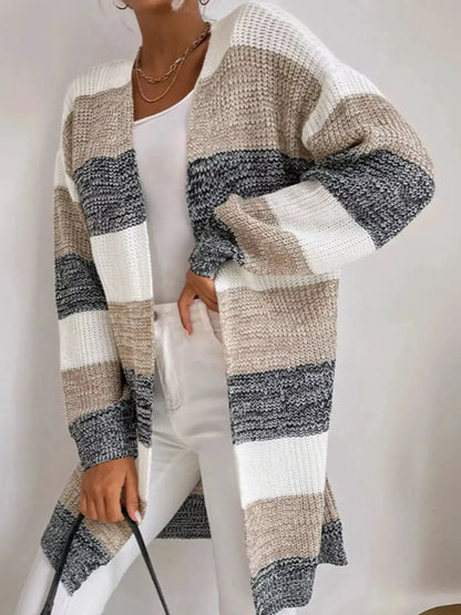 Color Block Striped Open Front Longline Cardigan by Trendsi