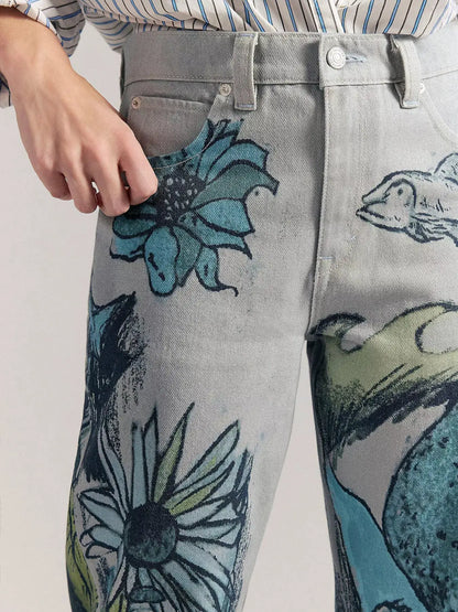 Printed Wide Leg Jeans by Trendsi