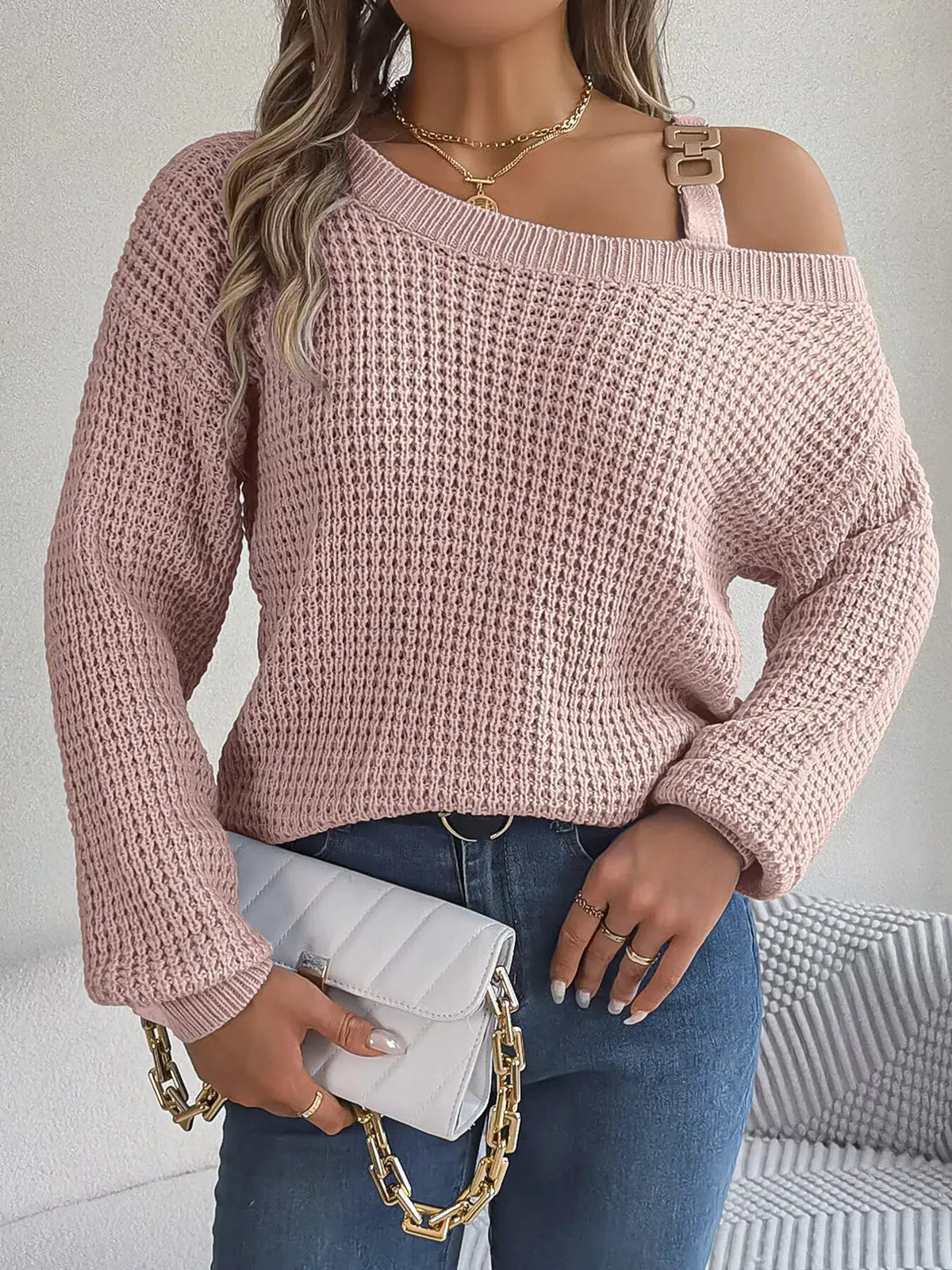 Asymmetrical Neck Long Sleeve Sweater by Trendsi