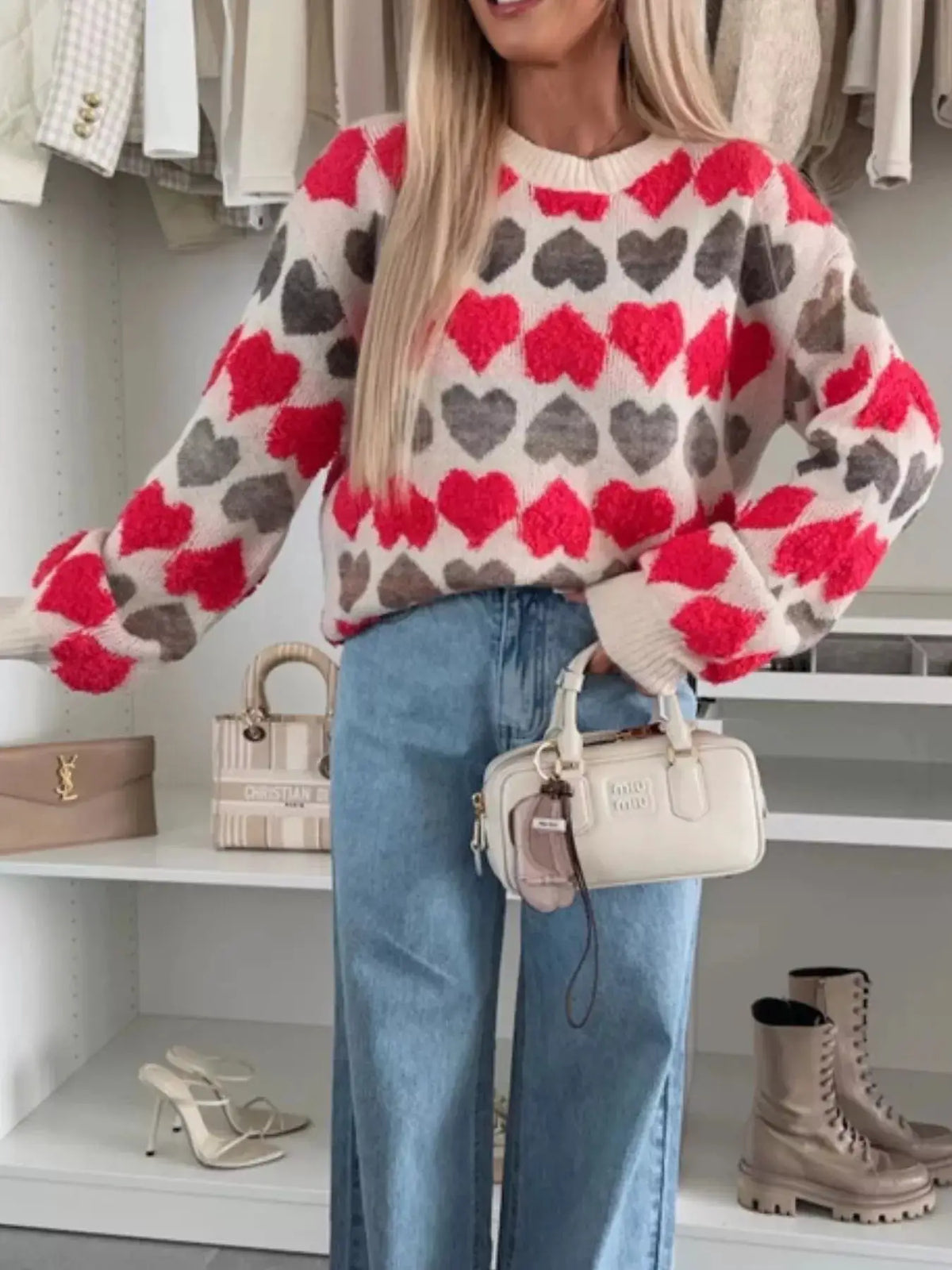 Heart-Patterned Round Neck Sweater by Trendsi